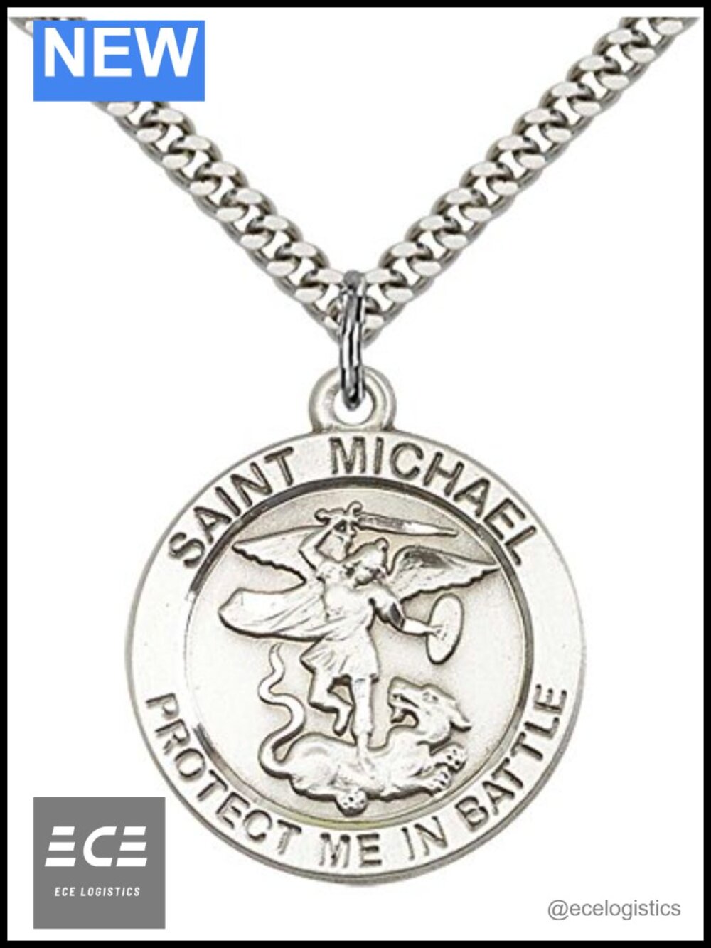 Sterling Silver St. Michael Pendant 24" Stainless Steel Curb Chain Necklace